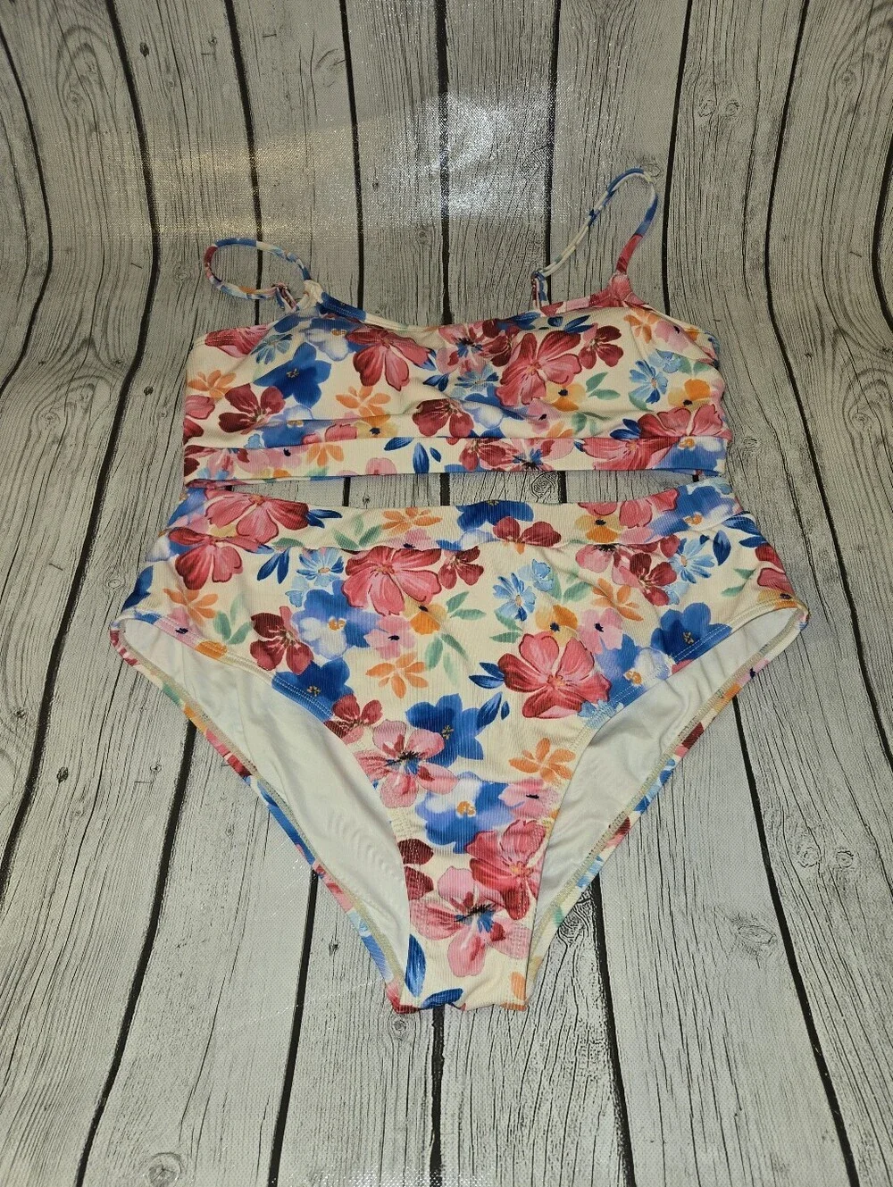 Cupshe Floral Ribbed Bikini Set High Waisted Tropical Swimsuit M/L - Picture 5 of 7